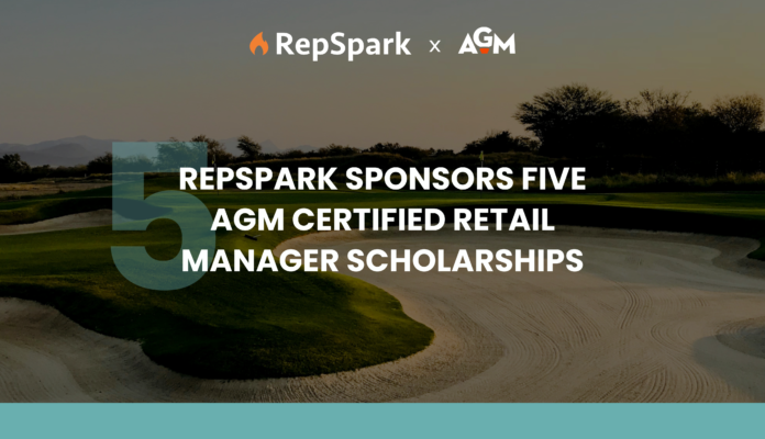Graphic announcing RepSpark AGM Certified Retail Manager Scholarships, highlighting five fully funded scholarships for the AGM Certified Retail Manager program, with RepSpark and AGM logos over a golf course background.