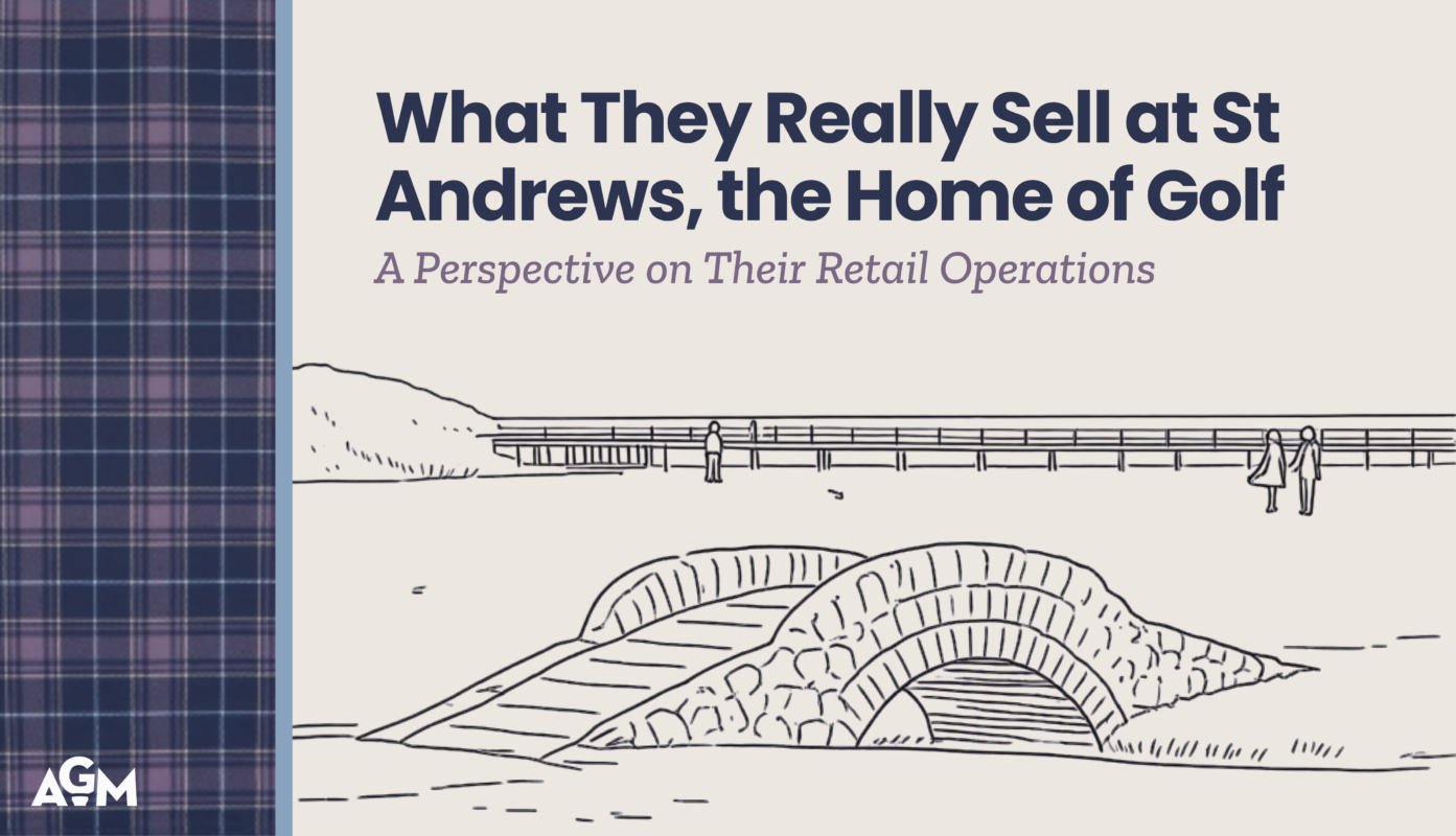 Featured graphic for “What They Really Sell at St Andrews, the Home of Golf: A Perspective on Their Retail Operations,” featuring a tartan border and illustration of the Swilcan Bridge.