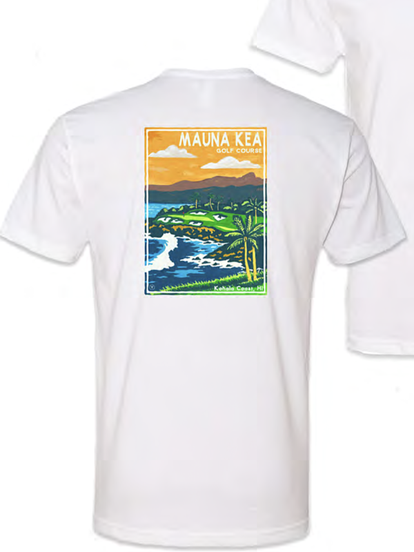 White Mauna Kea Golf Course T-shirt featuring a colorful retro-style back graphic of the Kohala Coast, with ocean waves, palm trees, mountains, and the golf course.