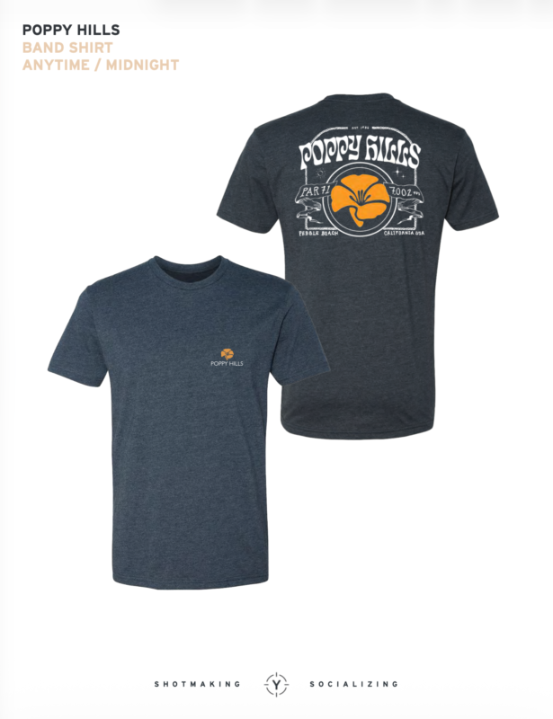 Front and back views of a dark navy Poppy Hills T-shirt featuring a small orange Poppy Hills logo on the chest and a large vintage-style Poppy Hills golf graphic on the back.