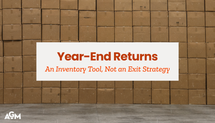 Featured graphic titled “Year-End Returns: An Inventory Tool, Not an Exit Strategy,” set against a wall of stacked cardboard boxes.