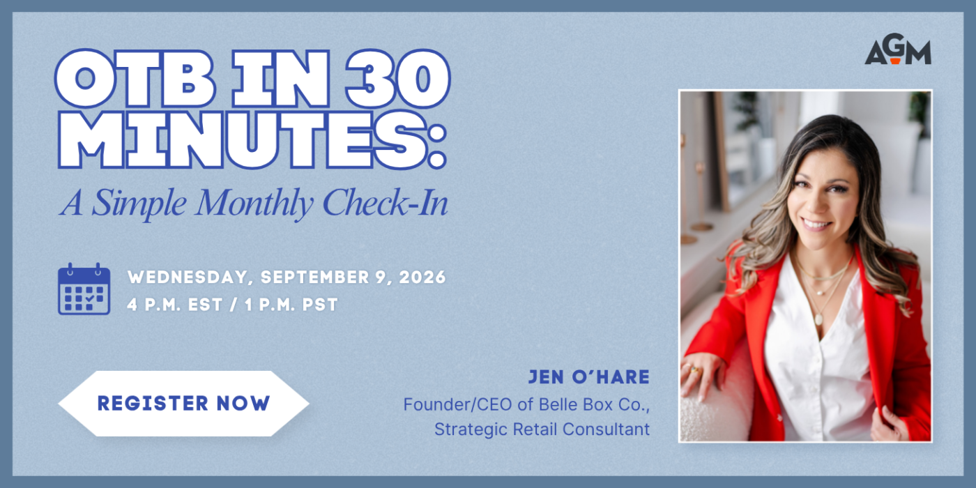 Webinar graphic for “OTB in 30 Minutes: A Simple Monthly Check-In” with Jen O’Hare, Founder/CEO of Belle Box Co. and Strategic Retail Consultant, on Wednesday, September 9, 2026, at 4 p.m. EST / 1 p.m. PST, with a “Register Now” button.