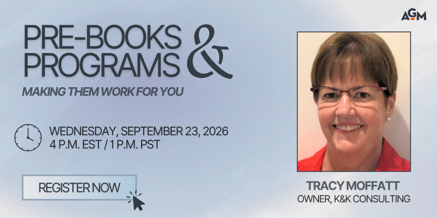 Promotional graphic for the webinar “Pre-Books & Programs: Making Them Work for You,” featuring Tracy Moffatt, Owner of K&K Consulting. Webinar is Wednesday, September 23, 2026, at 4 p.m. EST / 1 p.m. PST, with a “Register Now” call-to-action.