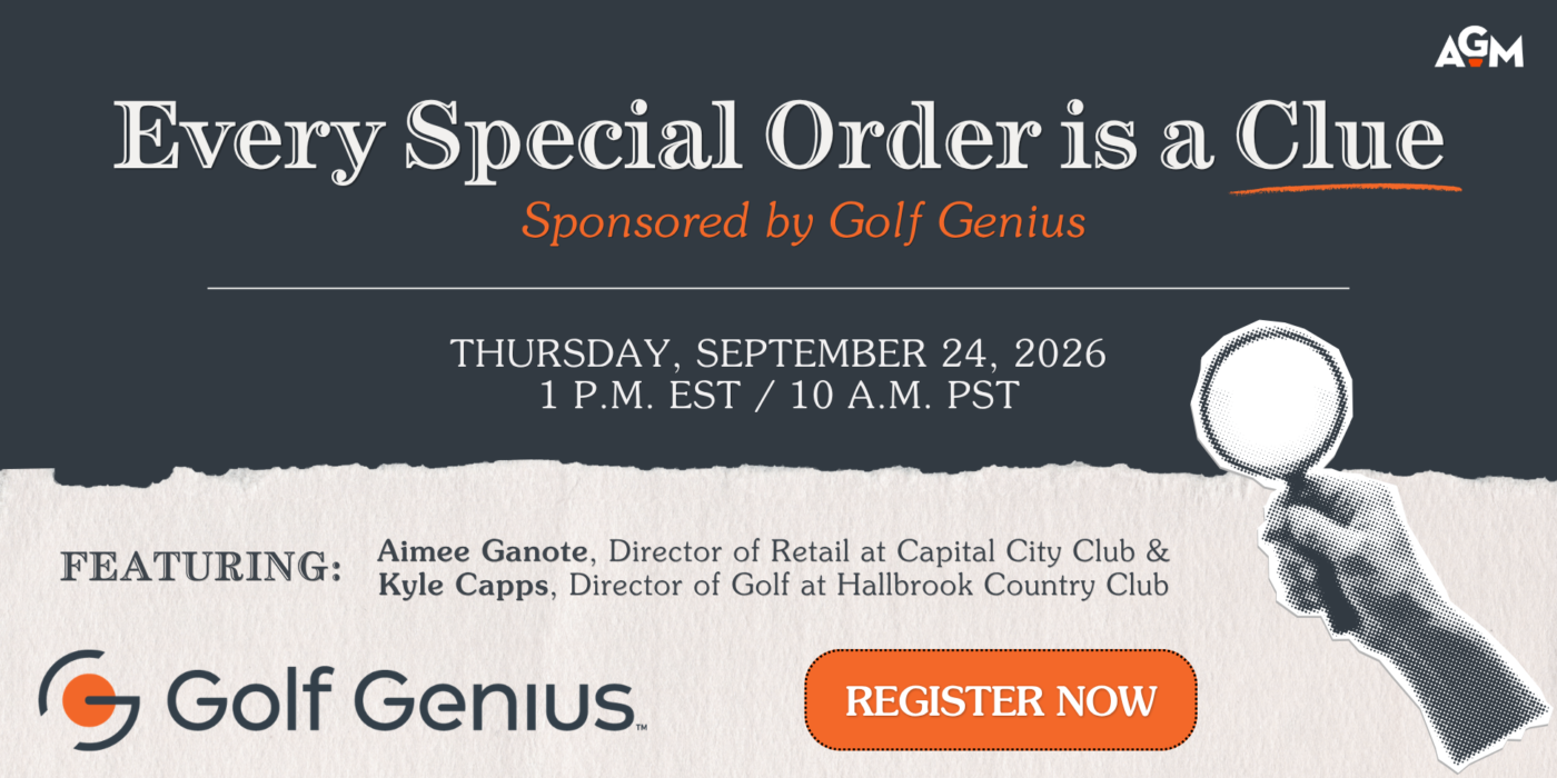 Promotional graphic for the webinar “Every Special Order is a Clue,” sponsored by Golf Genius, featuring Aimee Ganote and Kyle Capps on September 24, 2026, at 1 p.m. EST / 10 a.m. PST.