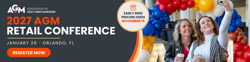 Promotional banner for the 2027 AGM Retail Conference on January 26 in Orlando, Florida, featuring two attendees taking a selfie and a reminder that early bird pricing ends November 15.