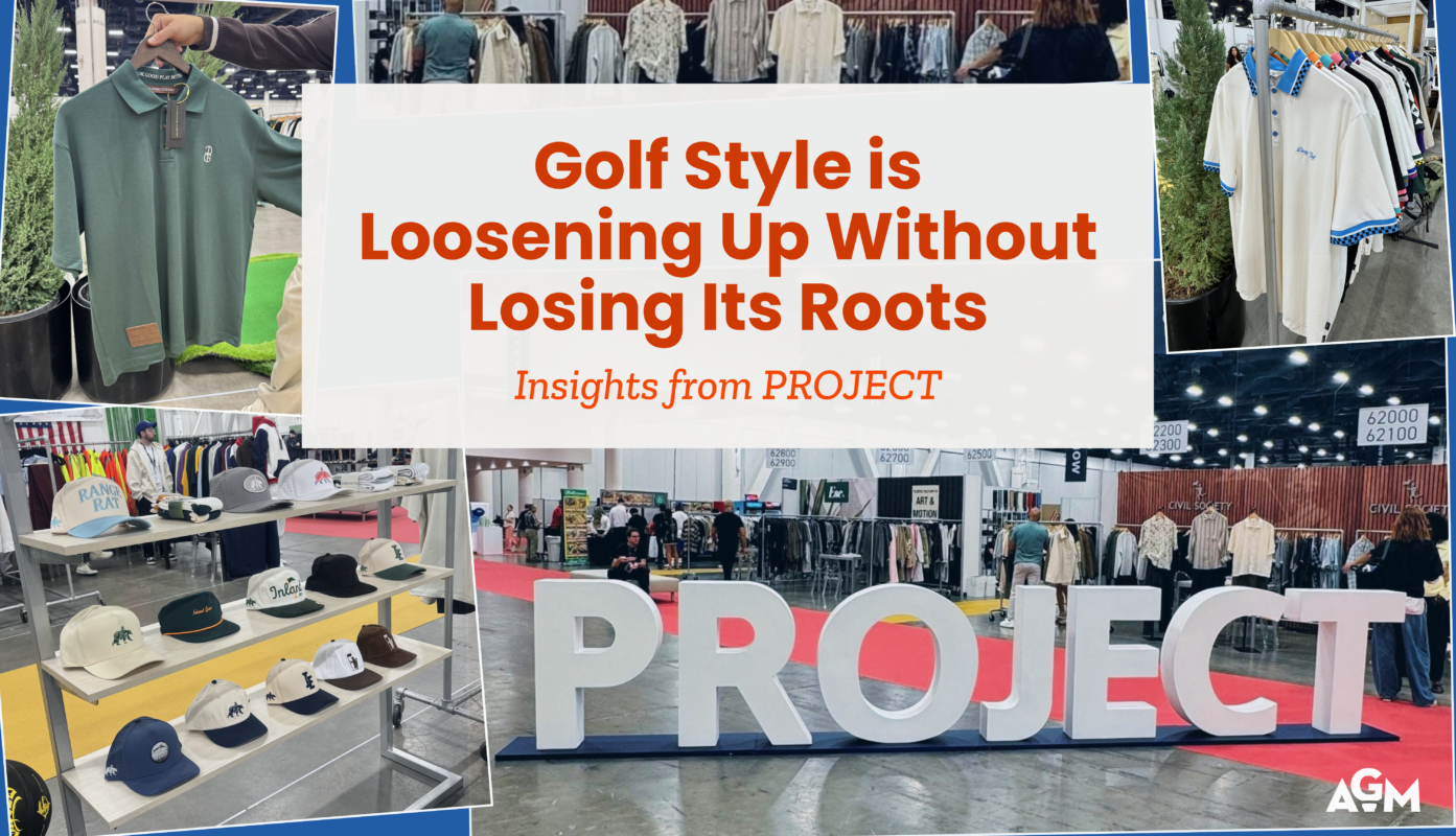 Featured graphic for the article “Golf Style is Loosening Up Without Losing Its Roots,” featuring photos of golf apparel, hats, and vendor displays from the PROJECT trade show.