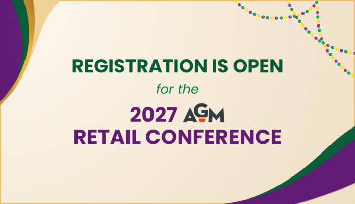 Promotional graphic announcing that registration is open for the 2027 AGM Retail Conference, featuring Mardi Gras-inspired purple, green, and gold accents and beads.
