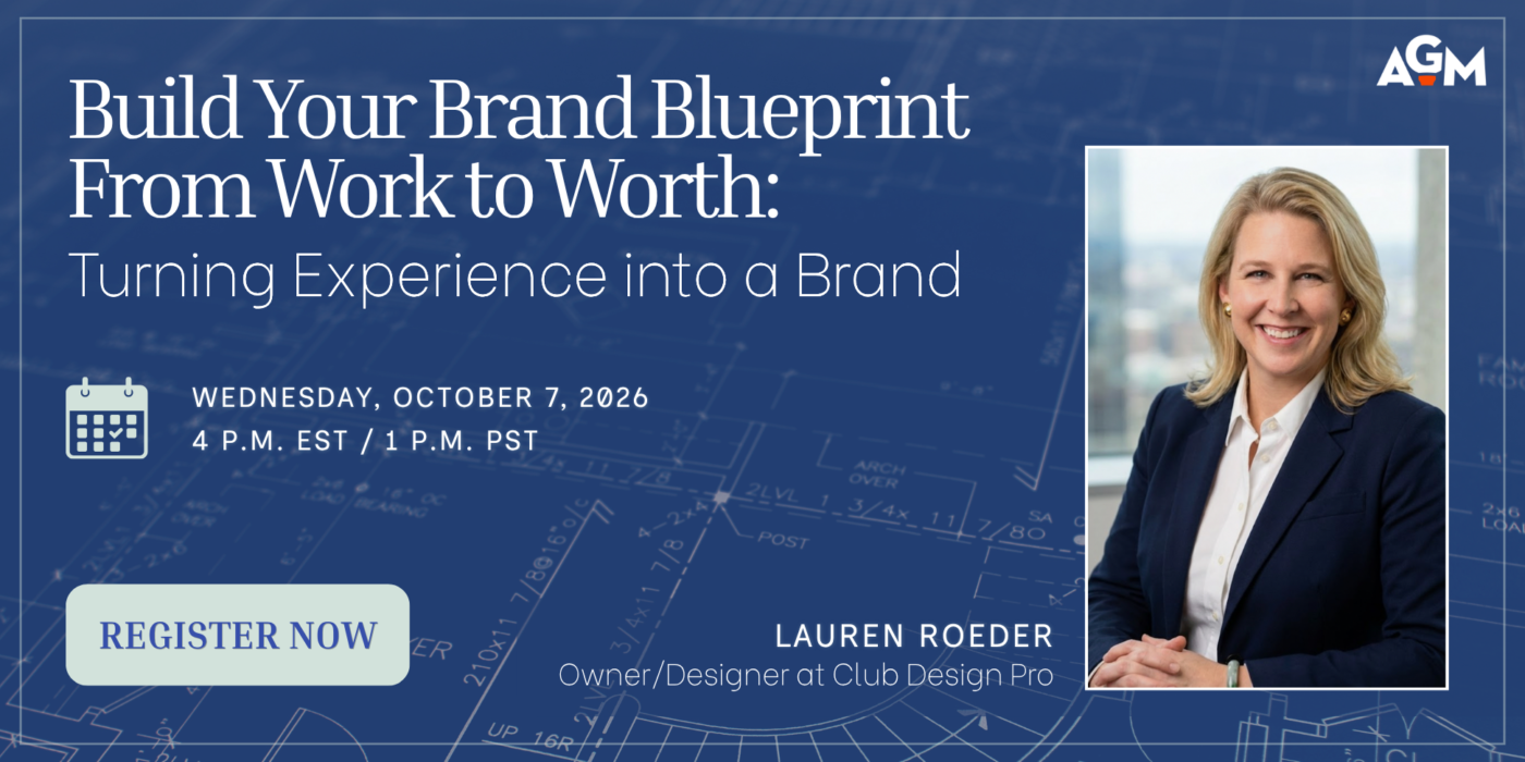 Promotional graphic for the webinar “Build Your Brand Blueprint From Work to Worth: Turning Experience into a Brand,” featuring Lauren Roeder, Owner/Designer at Club Design Pro, with the date, time, and a “Register Now” button.