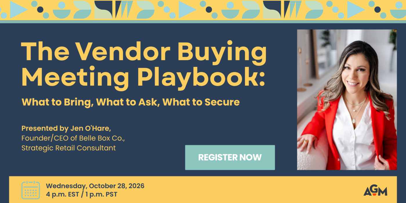 Promotional graphic for the AGM webinar “The Vendor Buying Meeting Playbook: What to Bring, What to Ask, What to Secure,” presented by Jen O'Hare, Founder/CEO of Belle Box Co. and Strategic Retail Consultant. The graphic features her portrait alongside a “Register Now” button, the date Wednesday, October 28, 2026, and the time 4 p.m. EST / 1 p.m. PST, on a navy blue background with yellow and teal geometric accents and the AGM logo.
