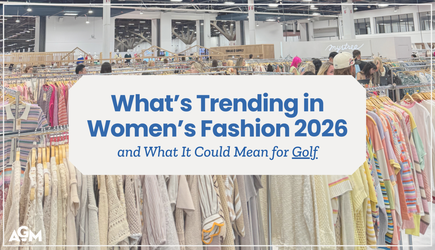 Featured graphic for the article “What’s Trending in Women’s Fashion 2026 and What It Could Mean for Golf,” featuring racks of women’s apparel at a fashion trade show.