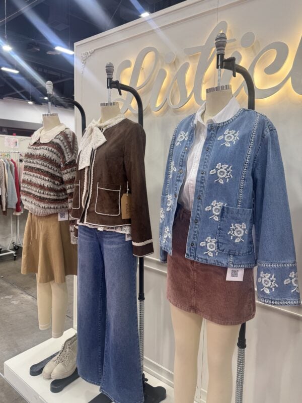 Photo of three mannequins in layered women’s outfits featuring denim, knitwear, lace details, and wide-leg silhouettes at MAGIC 2026.