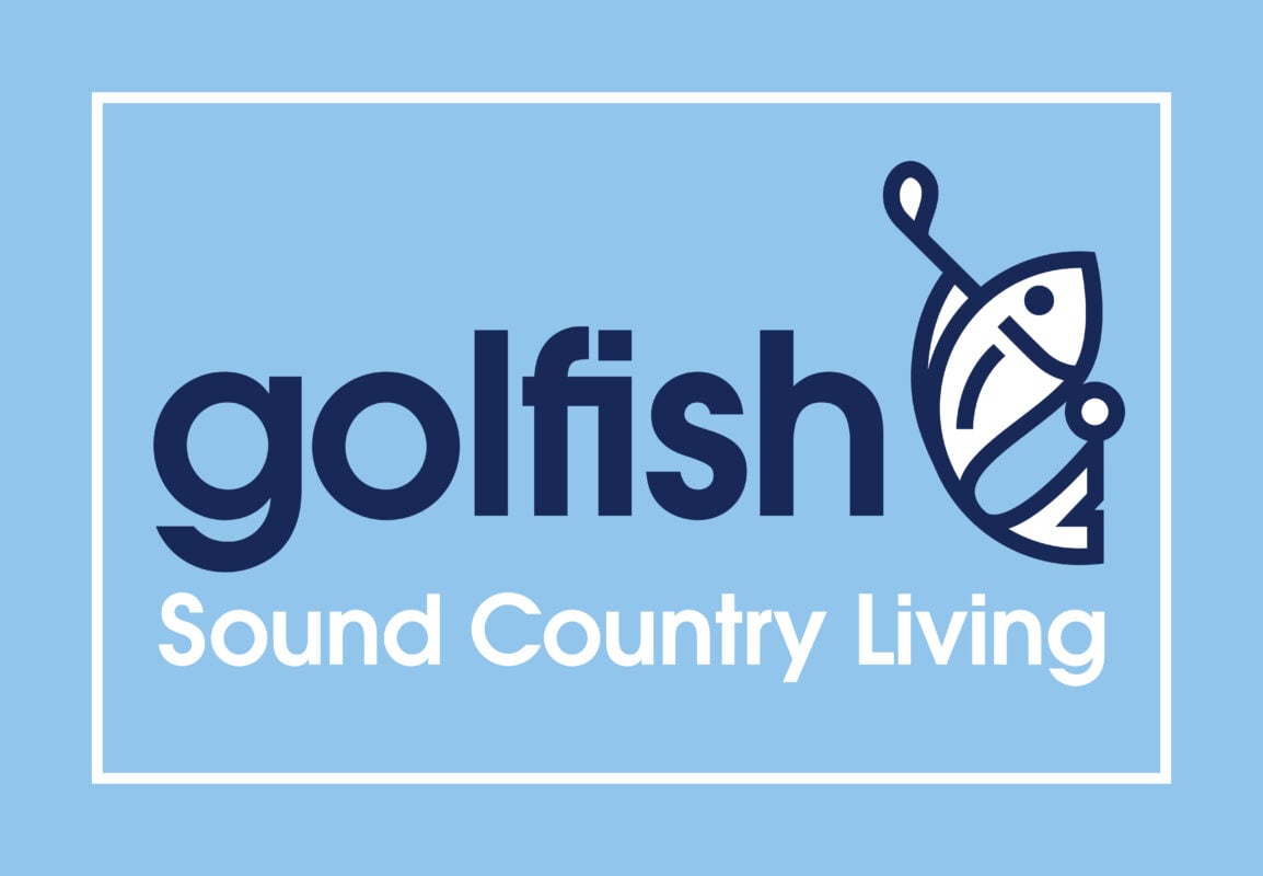 Golfish Sound Country Living navy logo on light blue background